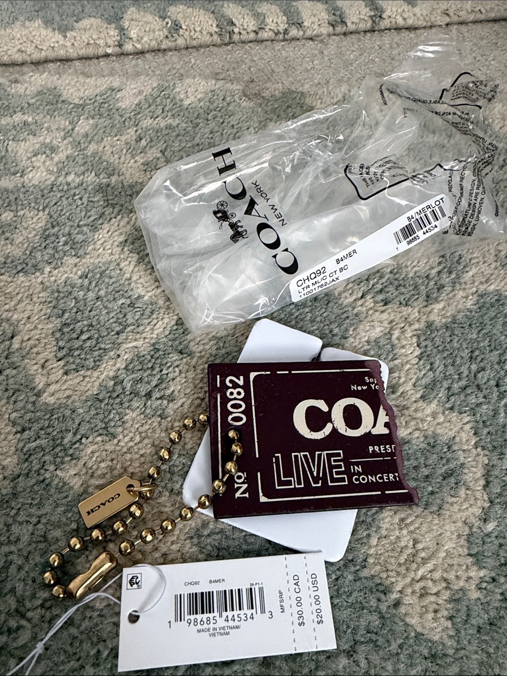 Coach Live in Concert Leather Ticket Tag Keychain Bag Charm Brass Merlot NWT